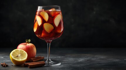 Aufkleber - Apple and lemon infused drink in a glass with fresh apple and cinnamon sticks, dark background, Copy Space