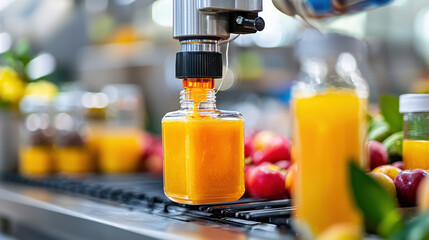 Leinwandbilder - vibrant depiction of juice bottling process, showcasing fresh fruit juices being filled into clear glass bottles. scene highlights innovation in beverage production