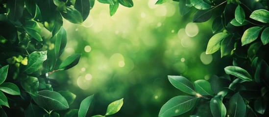 Poster - Close-up of green leaves framing a soft blurred background with bokeh effect and ample copy space for text placement.
