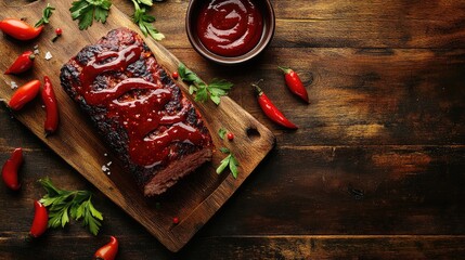 Poster - Delicious barbecue meatloaf with red sauce garnished with fresh parsley and chili peppers on wooden board with copy space