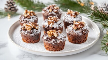 Poster - Chocolate walnut cupcakes with powdered sugar and holiday decorations on a marble table. Copy Space.