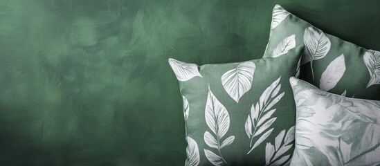 Poster - Green botanical patterned cushions on textured green wall with Copy Space