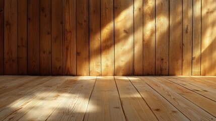 Poster - Wooden interior background with natural lighting shadows on wall and floor Copy Space