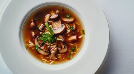 Aufkleber - Mushroom soup with orzo pasta garnished with parsley in a white bowl on a white background Copy Space