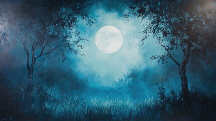 Aufkleber - Moonlit landscape with trees and fog in a nighttime setting featuring blue tones and a large full moon Copy Space