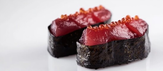 Aufkleber - Sushi nigiri with tuna topped with roe on a white background with copy space