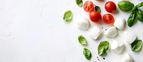 Poster - Fresh mozzarella balls, cherry tomatoes, and basil leaves on a white background with Copy Space for text placement.