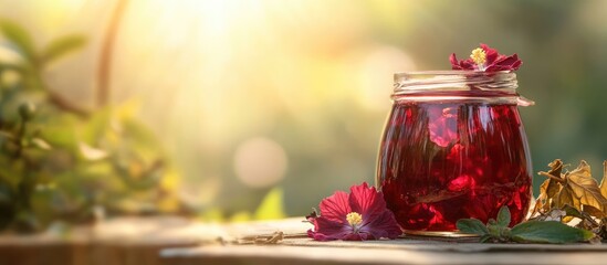 Poster - Glass jar filled with red herbal tea surrounded by flowers and leaves with natural sunlight Copy Space