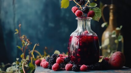 Aufkleber - Glass jar filled with mixed berry juice surrounded by fresh raspberries and blackberries on a dark textured surface Copy Space