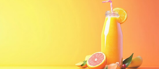 Aufkleber - Fresh orange juice in glass bottle with straw surrounded by citrus fruit on gradient orange background Copy Space