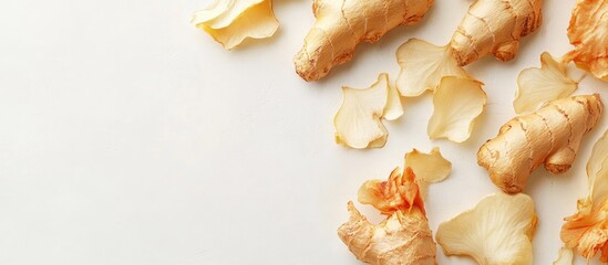 Poster - Fresh ginger slices on white background with copy space for text or advertising about health and wellness benefits of ginger.