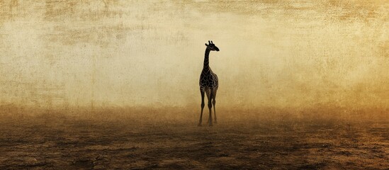 Poster - Giraffe standing alone in a foggy landscape with warm tones and textured background showing wildlife in natural habitat Copy Space