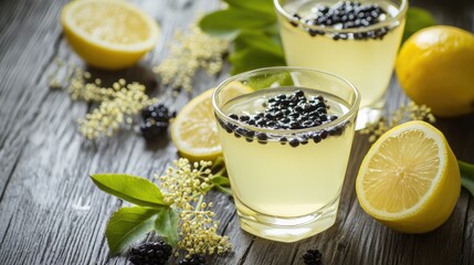 Poster - Elderflower lemonade in glasses garnished with black currant seeds and lemon slices on a wooden table with fresh leaves and flowers Copy Space