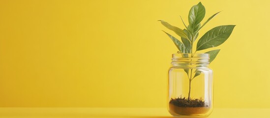 Poster - Green plant growing in a glass jar with soil on a yellow background Copy Space