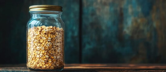 Poster - Glass jar filled with grains standing on wooden surface with dark textured background and copy space for text.