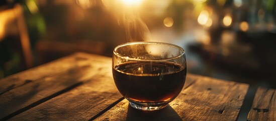 Aufkleber - Glass cup of hot coffee with steam on a wooden table during sunset with warm lighting and blurred background Copy Space