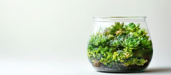 Poster - Succulent terrarium in a glass container with diverse greenery and Copy Space for text placement.