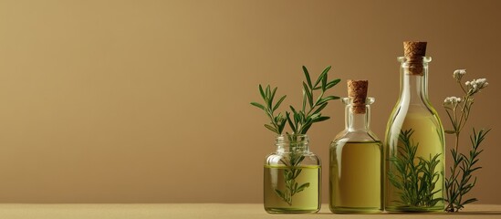 Poster - Glass bottles of olive oil and herbs on a plain background with copy space for text. Natural light highlighting the oil and plant elements.