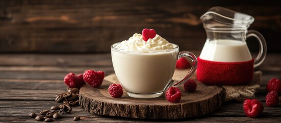 Poster - Coffee drink with whipped cream and raspberry topping on wooden table with fresh raspberries and creamer jug in background Copy Space