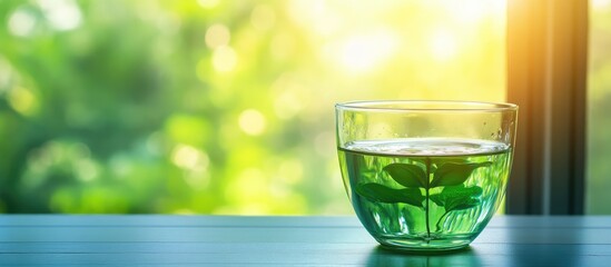 Poster - Fresh herbal tea in a glass cup placed on a wooden table with blurred green background and sunlight illuminating the scene Copy Space