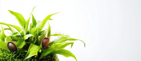 Aufkleber - Green plants with vibrant leaves and acorns on moss against a light background with ample copy space for text placement