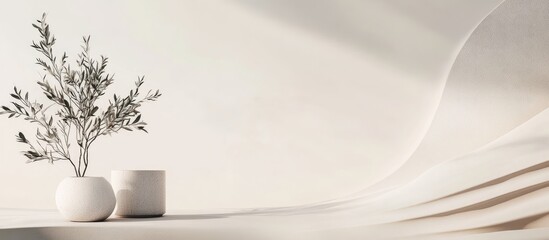 Poster - Minimalist still life composition featuring a small plant in a white vase on a soft textured background with ample Copy Space.
