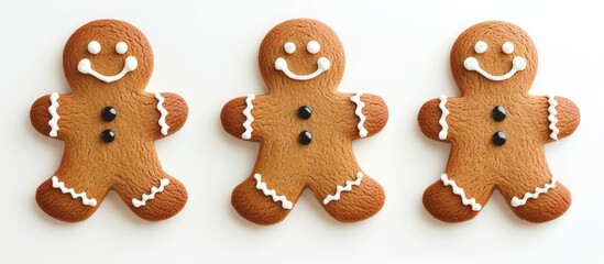 Poster - Gingerbread cookies with happy faces arranged in a row on a white background Copy Space