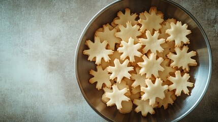 Poster - Snowflake shaped cookies in a silver bowl on textured background with Copy Space