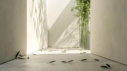 Poster - Minimalist interior with bamboo plants and scattered leaves on a floor illuminated by natural light Copy Space