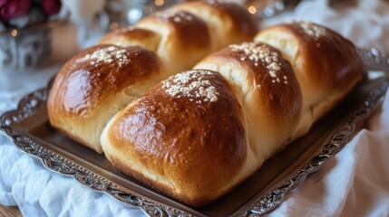Aufkleber - Freshly baked golden brown bread rolls with a shiny crust and sprinkled oats on top arranged on a decorative silver tray Copy Space