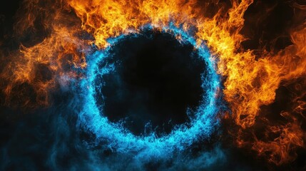 Poster - Colorful fire and smoke circle with blue and orange flames on a dark background creating a dramatic atmosphere Copy Space