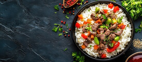 Poster - Beef stir-fry with vegetables served over rice in a black bowl on a dark stone background with fresh herbs and spices Copy Space
