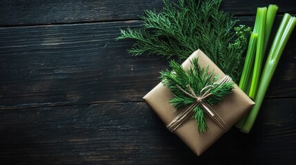 Poster - Gift wrapped in kraft paper with green twine and fresh greenery on dark wooden background with celery and copy space