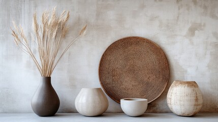Poster - Minimalist arrangement of decorative vases and dried wheat on textured wall background with Copy Space for text placement.
