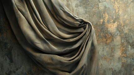 Poster - Draped textured fabric against a weathered wall with gold accents and copy space for text placement