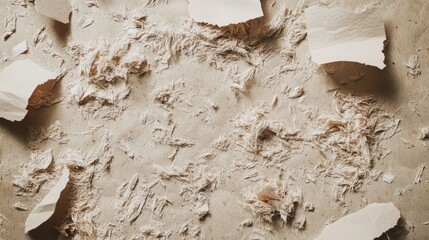 Poster - Textured surface with scattered paper fragments and fibers on a neutral background ideal for graphic design use Copy Space