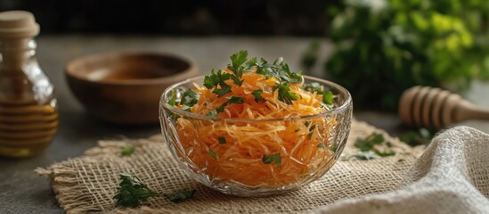 Poster - Fresh grated carrots salad with herbs in a glass bowl served with honey on a rustic table with copy space for text