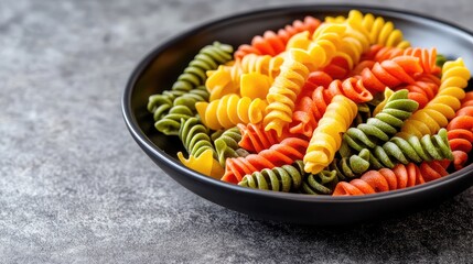 Poster - Colorful spiral pasta in a black bowl on a textured gray surface with Copy Space