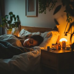 Poster - Cozy bedroom setting with a person resting peacefully while surrounded by medicines and gentle lighting at night. Generative AI