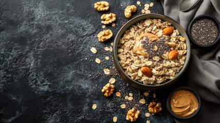 Aufkleber - Healthy breakfast bowl with oatmeal, chia seeds, nuts, and peanut butter on dark textured background with copy space.