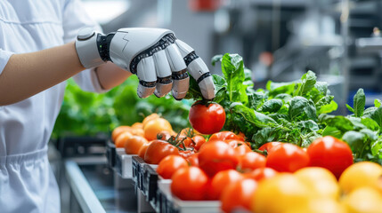 Leinwandbilder - robotic hand carefully picks ripe tomatoes in smart farm setting, showcasing advanced agricultural technology and automation. vibrant greens and reds highlight innovation in farming