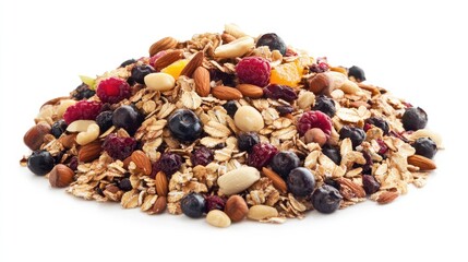 Poster - Healthy granola mix with nuts dried fruits and berries on white background with Copy Space