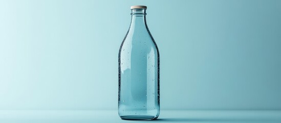 Poster - Glass water bottle on blue background with reflection and copy space for text placement.