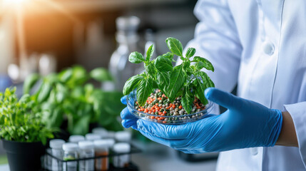 Poster - food technologist examines plant based ingredients in lab setting, showcasing innovation in food science. vibrant greenery symbolizes freshness and sustainability