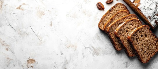 Poster - Sliced whole grain bread with nuts on a marble countertop with copy space for text
