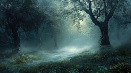 Poster - Mysterious forest scene with fog, ancient trees and soft light filtering through branches, Copy Space available for text placement.