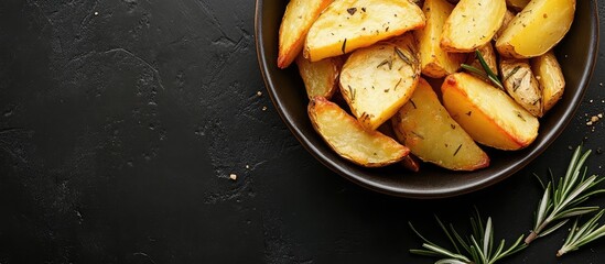 Poster - Bowl of golden roasted potato wedges with rosemary on dark background Copy Space