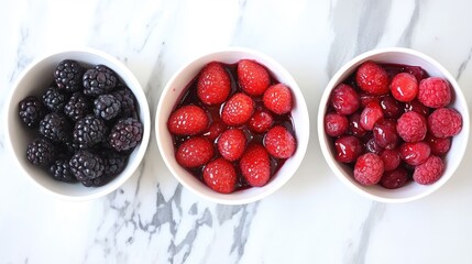 Poster - Bowl of blackberries raspberries and red raspberries on marble countertop with copy space for text
