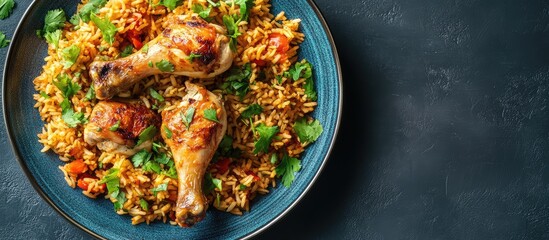 Aufkleber - Delicious chicken drumsticks served with flavorful rice and vegetables on a blue plate with copy space for text