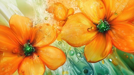 Poster - Vibrant orange flowers with water droplets on a colorful abstract background Copy Space